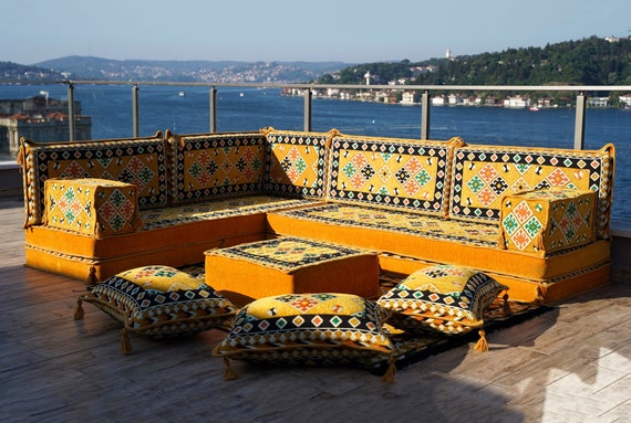Asientos de sofá árabe, cojines de suelo, muebles de jardín, asientos de  suelo en forma de L de mostaza de 8 de grosor, sofá seccional, muebles de  jardín, Majlis árabe -  España
