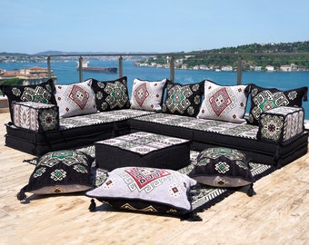 Sofá de piso en forma de L negro de 8" de espesor, asientos de sofá árabe, almohada de piso, juego de sofás seccionales, muebles de patio, Majlis árabe