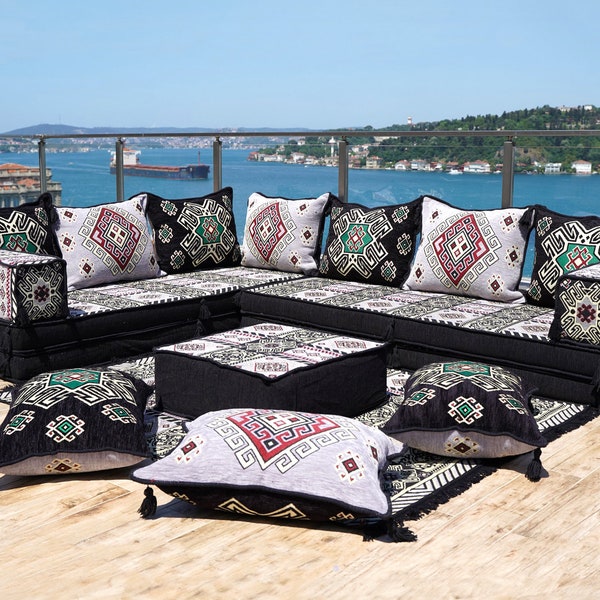 8" Thick Black L Shaped Floor Couch, Arabic Sofa Seating, Floor Pillow, Sectional Sofa Set, Patio Furniture, Arabic Majlis