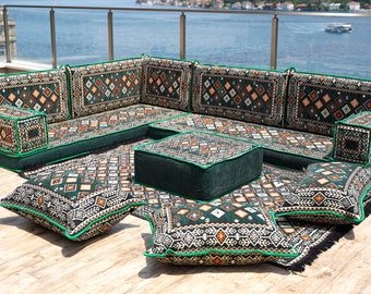 L Shaped Chile Green Corner Sofa, Arabic Seat Couch, Turkish Floor Seating Set, Ottoman Couch, Arabic Floor Seating, Modular Sofa Cushion