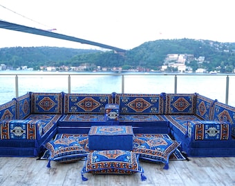 8 Inch Thick Blue Sectional Sofas, Oriental Sofa, Arabic Floor Seating, Turkish Sitting Pillows, Floor Sofa Set