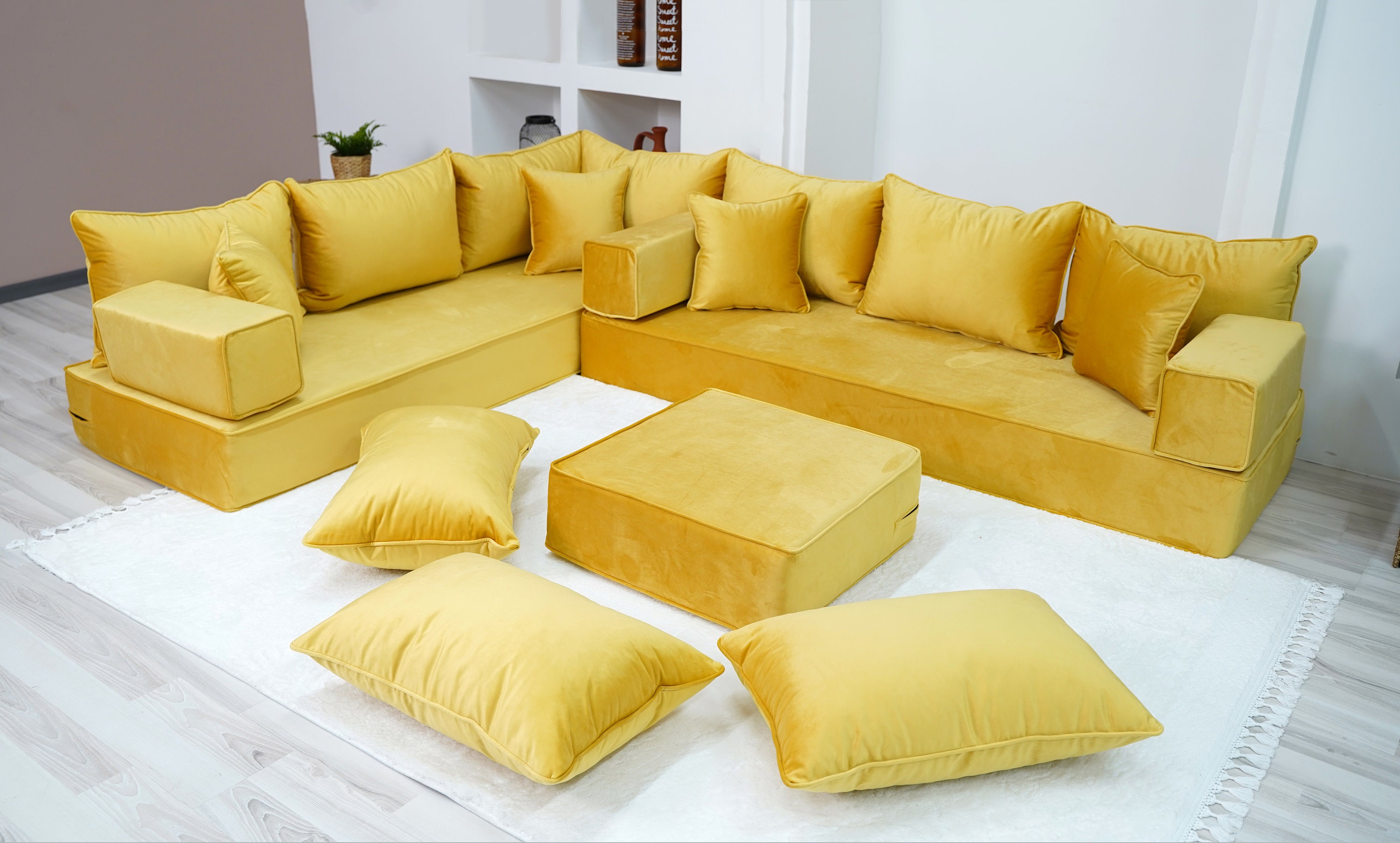 8 Thickness VELVET Yellow L Shaped Floor Seating, Modern Livingroom Floor  Couch, Sofa Cover, Toddler Sofa Bed, Corner Velvet Arabic Seating 