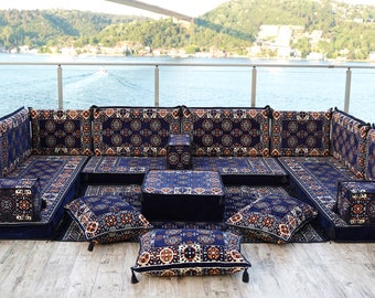 U Shaped Navy Blue Floor Seating Sofa, Arabic Lounge, Arabic Diwan Sofas, Floor Cushion Sofa, Turkish Floor Sofa, Ottoman Couch