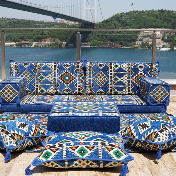 Kilim Blue Arabic Floor Sofa, Indoor Ethnic Sofa, Daybed Cushion, Entry Bench, Reading Nook, Floor Cushion, Sofa Covers, Moroccan Rug