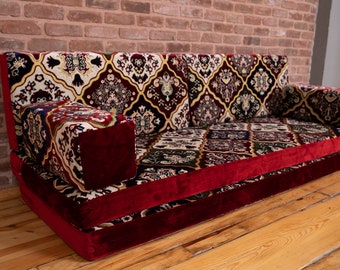 Premium 8 Thickness Velvet Arabic Sofa Couch, Afghan Kilim Rug Sofa, Maroon Velvet Floor Couch, Velvet Moroccan Sofa, Velvet Arabic Majlis