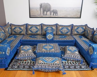 8" Thick Authentic Royal Blue U Shaped Arabic Sofa Living Room Floor Seating Set, Boho Floor Couch, Arabic Majlis, Turkish Floor Sofa Set