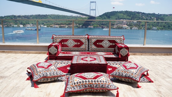 Maroon Floor Sofa Seating Set Traditional Arabic Sofa Set