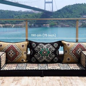 Gold&Black Arabic Majlis, 8 Thickness Arabic Floor Sofa Set, Arabic Floor Couch, Oriental Cushion, Moroccan Cushion, Ethnic Floor Cushion zdjęcie 2