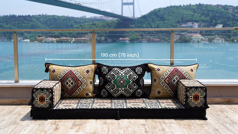 Gold&Black Arabic Majlis, 8 Thickness Arabic Floor Sofa Set, Arabic Floor Couch, Oriental Cushion, Moroccan Cushion, Ethnic Floor Cushion image 2