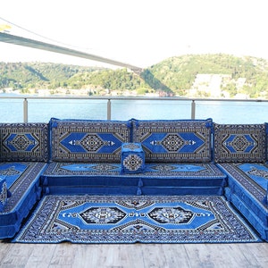 8 Inch Thick Palace Sky Blue Floor Couches, U Shaped Blue Floor Sofa, Majlis sofa, Sofa with armrest cushion, Traditional Kilim Couch Covers U Sofas + Rug