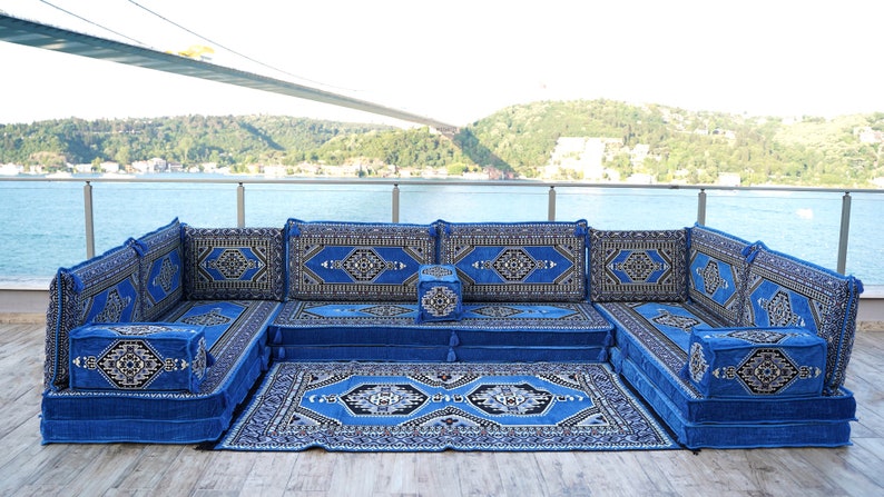 8 Inch Thick Palace Sky Blue Floor Couches, U Shaped Blue Floor Sofa, Majlis sofa, Sofa with armrest cushion, Traditional Kilim Couch Covers U Sofas + Rug