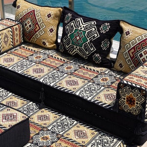 Gold&Black Arabic Majlis, 8 Thickness Arabic Floor Sofa Set, Arabic Floor Couch, Oriental Cushion, Moroccan Cushion, Ethnic Floor Cushion image 4