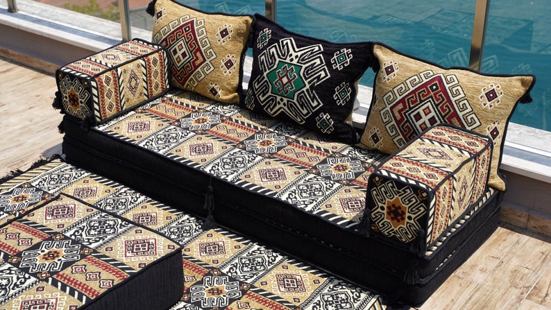 Gold&Black Arabic Majlis, 8 Thickness Arabic Floor Sofa Set, Arabic Floor Couch, Oriental Cushion, Moroccan Cushion, Ethnic Floor Cushion zdjęcie 4
