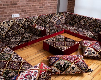 Premium Thick Afghan Kilim Fabric Sofa Couch, Maroon U Shaped Arabic Floor Sofa Set, Afghan Toshak Cover, Moroccan Floor Seat, Arabic Majlis