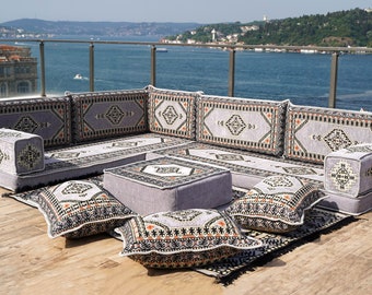 L Shaped Corner Palace Gray Floor Couch, Moroccan Rug, Pallet Sofas, Oriental Floor Cushions, Bench Cushions, Floor Pillows, Arabic Majlis