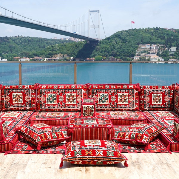 U Shaped Bergama Red Corner Seating Sofa, Arabic Floor Sofa, Kilim Design Floor Couch, Turkish Floor Seating, Oriental Floor sofa