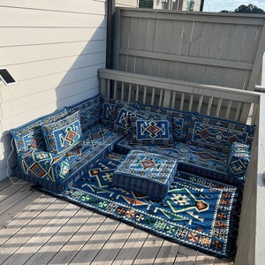 Anatolia Blue L Shaped Arabic Floor Sofa Set, Moroccan Home Decor, Balcony Floor Couch, Corner Arabic Majlis Seating, Turkish Floor Sofas