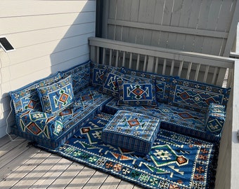 Anatolia azul L en forma de sofá de piso árabe, decoración del hogar marroquí, sofá de piso de balcón, asientos majlis árabes de esquina, sofás de piso turcos