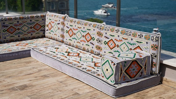 Gray L Shaped Pallet Cushions, Arabic Floor Sofa Set, Oriental
