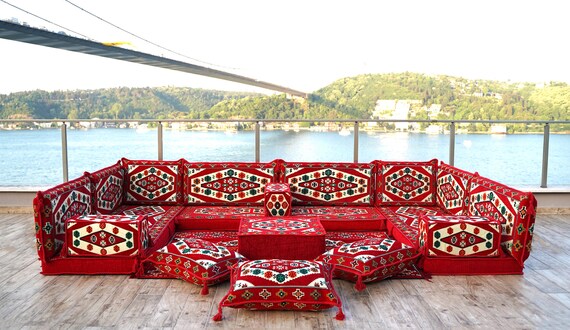 Floor cushions set U Shape Moroccan sofa Arabic Maroon Orange