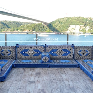 8 Inch Thick Blue Oriental Sofa, Arabic Floor Seating, Turkish Pillows, Floor Sofa Set, Patio Furniture, Arabic Diwan Majlis zdjęcie 2