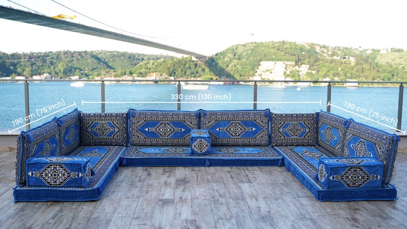 8 Inch Thick Palace Sky Blue Floor Couches, U Shaped Blue Floor Sofa, Majlis sofa, Sofa with armrest cushion, Traditional Kilim Couch Covers image 2