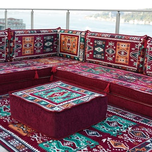 8 Thick Maroon L Shaped Floor Couch, Floor Pillows, Moroccan Livingroom Cushions, Corner Floor Cushions, Sectional Sofa Set, Arabic Majlis zdjęcie 5