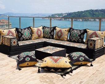 8" Thick Gold and Black L Shaped Floor Couch, Arabic Sofa Seating, Floor Pillow, Sectional Sofa Set, Patio Furniture, Arabic Majlis