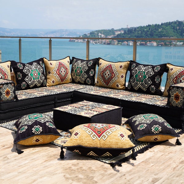 8" Thick Gold and Black L Shaped Floor Couch, Arabic Sofa Seating, Floor Pillow, Sectional Sofa Set, Patio Furniture, Arabic Majlis