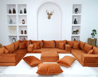 VELVET Fabric Sofa, Amber Color U Shaped Floor Seating Sofas, Moroccan Livingroom Furniture, Sectional Sofas,  Arabic Seating, Velvet Couch