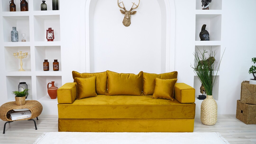 Gold Floor Seating Set, Sectional Sofa, Floor Sofa Bed, Meditation Sofa, Custom Cushion