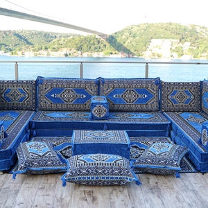 8 Inch Thick Palace Blue Oriental Sofa, Arabic Floor Seating, Turkish Pillows, Floor Sofa Set, Patio Furniture, Arabic Diwan Majlis with Rug