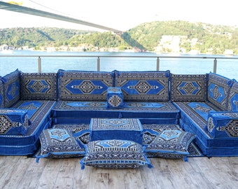 8 inch dikke paleisblauwe oosterse bank, Arabische vloerzitplaatsen, Turkse kussens, vloerbankset, terrasmeubilair, Arabische Diwan Majlis met tapijt