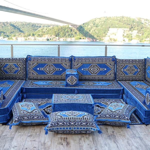 8 Zoll dickes Palace Blue Oriental Sofa, Arabische Bodenbestuhlung, Türkische Kissen, Bodensofa Set, Terrassenmöbel, Arabische Diwan Majlis mit Teppich