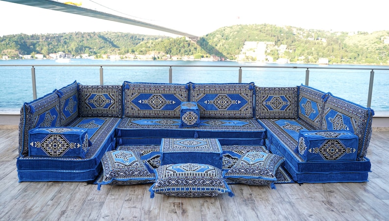 8 Inch Thick Palace Sky Blue Floor Couches, U Shaped Blue Floor Sofa, Majlis sofa, Sofa with armrest cushion, Traditional Kilim Couch Covers image 1