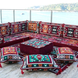 Traditional Milas Maroon Floor Couches, Arabic Seating Sofa, Arabic Majlis, Floor Cushions, Ottoman Couch, Turkish Floor Seating Set