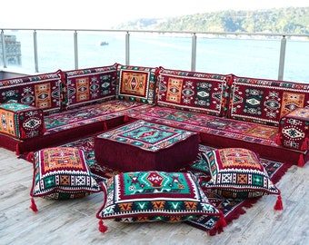 Traditional Milas Maroon Floor Couches, Arabic Seating Sofa, Arabic Majlis, Floor Cushions, Ottoman Couch, Turkish Floor Seating Set