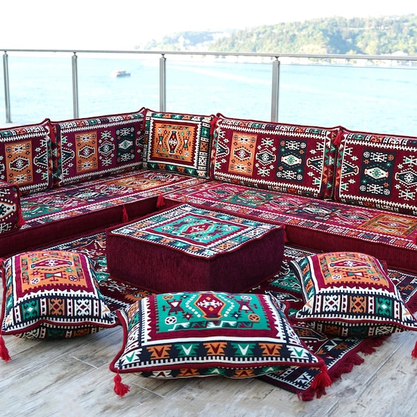 Traditionelle Milas Maroon Boden Couches, Arabisch Sitz Sofa, Arabische Majlis, Bodenkissen, Osmanische Couch, Türkische Boden Sitzgarnitur