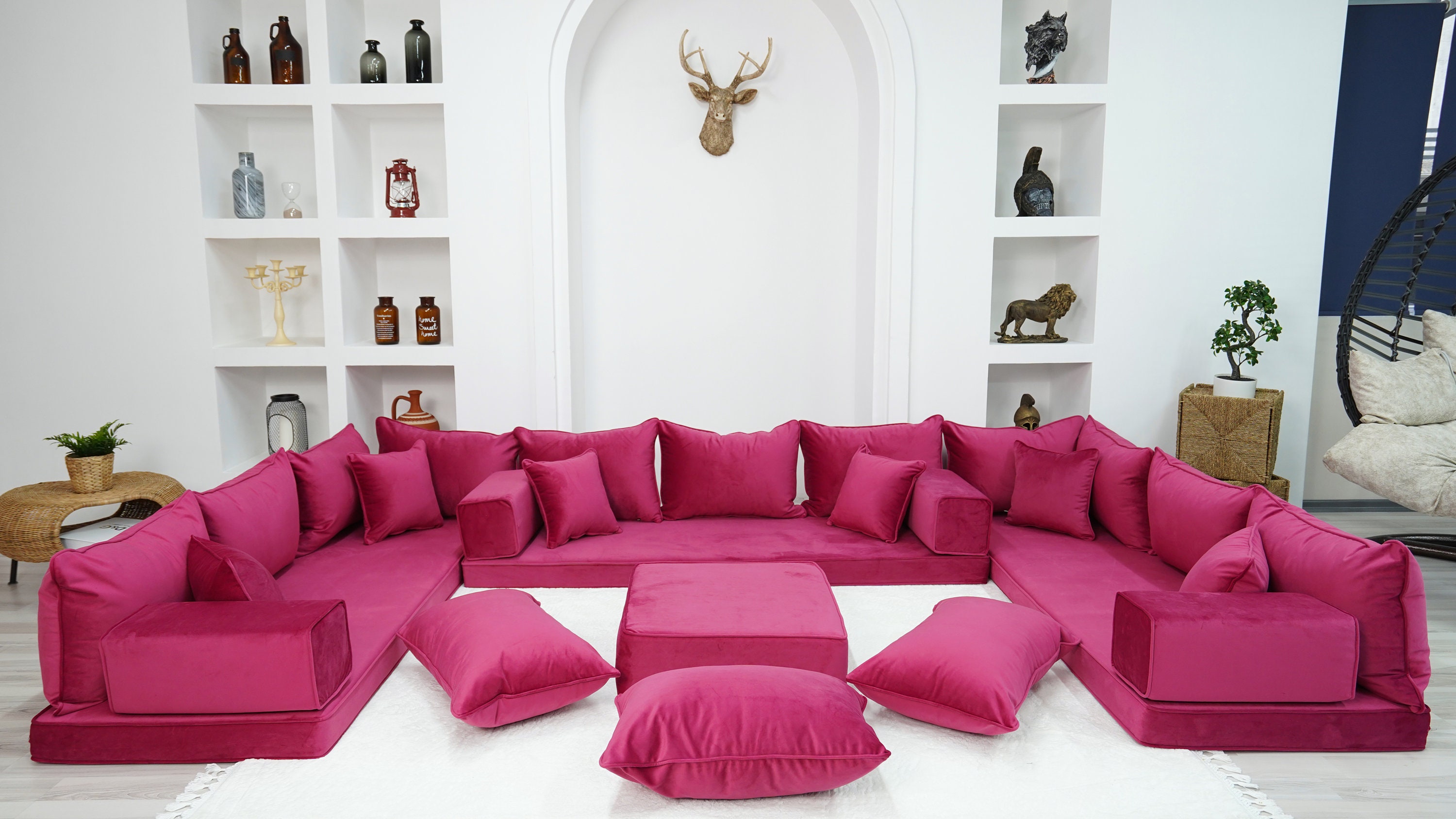 U Shape Floor Sofa Seating Set Corner black red Cushions Meditation Yoga  Sofa