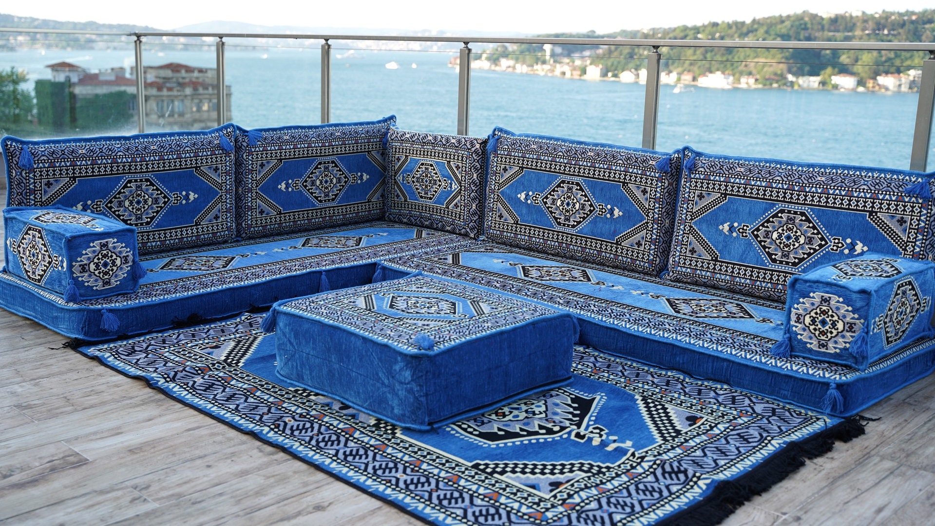 Canapé de sol arabe bleu, Majlis arabe, Jalsa arabe, canapé arabe  traditionnel, siège de sol oriental, coussins de sol, narguilé lounge,  housses de canapé (canapé L + tapis + ottoman) : 
