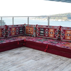 8 Thick Maroon L Shaped Floor Couch, Floor Pillows, Moroccan Livingroom Cushions, Corner Floor Cushions, Sectional Sofa Set, Arabic Majlis zdjęcie 8