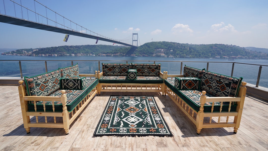 Emerald Green Patio Furniture, Handmade Wooden Bench, Arabic Majlis