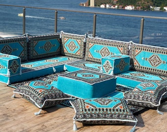 L Shaped Palace Turquoise Floor Cushions, Sectional Sofas, Corner Arabic Sofa Set, Pallet Sofa, Arabic Majlis, Poufs, Turkish Floor Seating