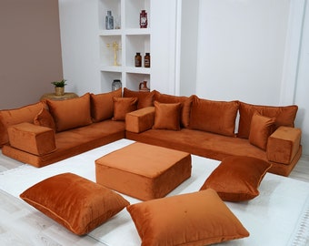 VELVET Amber Color L Shaped Floor Seating, Moroccan Livingroom Home Decor, Arabic Sofa Set, Sofa Bed, Velvet Floor Couch, Ektorp Sofa Cover