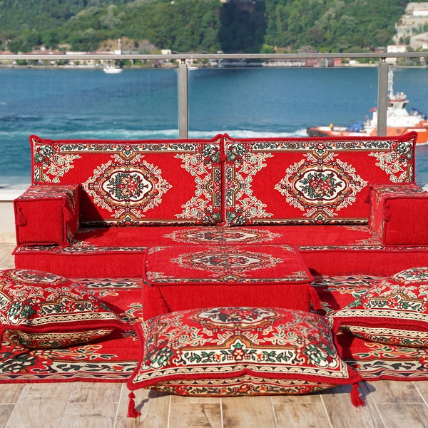 Munzur Red Arabic Floor Sofa Set, Medtitation Sofas, Terrace Pallet Sofa, Traditional Seating, Loveseat Floor Cushions, Arabic Majlis Set