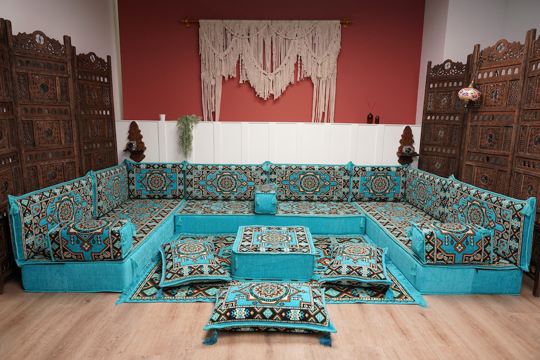 8 Inch Thick U Shaped Turquoise Arabic Sofa, Floor Seating Sofa, Arabic ...
