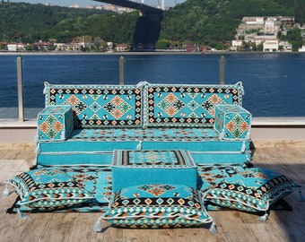 Sky Blue Etnic Majlis Sofa Leseboden Sitzcouch Turkis Boden Sofas Japanischer Stil Wohnkultur Boho Meditation Yoga Kissen