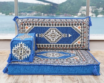 Royal Blue Floor Sofa, Floor Cushions, Loveseats, Sectional Sofa, Arabic Sofa Floor Seating Set, Moroccan Sofas, Kilim Rug Design