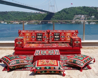 Red Arabic Majlis, 8" Thickness Arabic Floor Seating, Orange Arabic Floor Couch, Oriental Cushion, Moroccan Cushion, Ethnic Floor Cushion