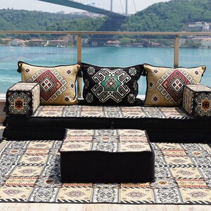 Gold&Black Arabic Majlis, 8 Thickness Arabic Floor Sofa Set, Arabic Floor Couch, Oriental Cushion, Moroccan Cushion, Ethnic Floor Cushion 8" + Rug + Ottoman
